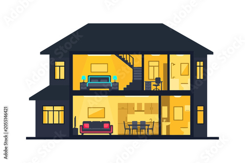 Modern House Interior Cross Section Cutaway View