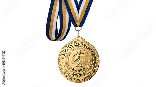 Golden soccer achievement award medal with striped ribbon