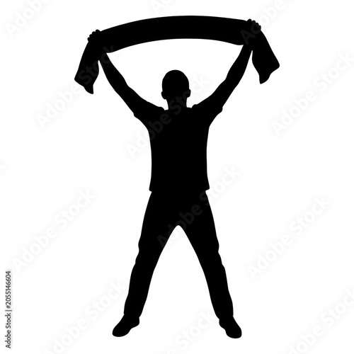 Silhouette of sports fan cheering with scarf held high