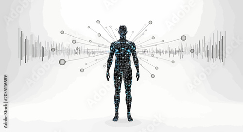 Futuristic digital human silhouette with network data lines