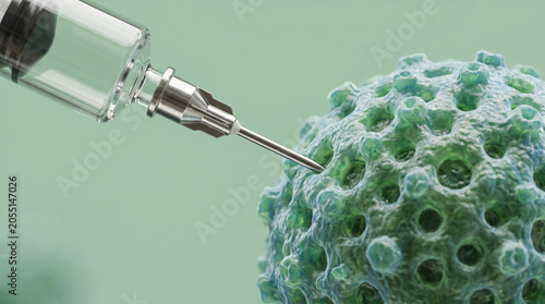 Macro view of medical syringe piercing a green pathogen virus in 3D render