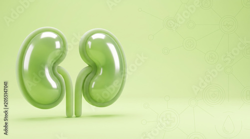 Glossy 3D render of human kidneys with medical icons on green background.