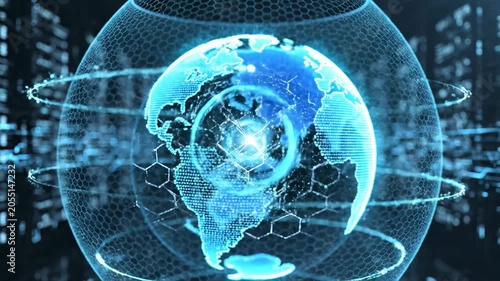Digital globe with hexagonal grid and glowing data streams rotating, showcasing continents and oceans in a futuristic technology environment