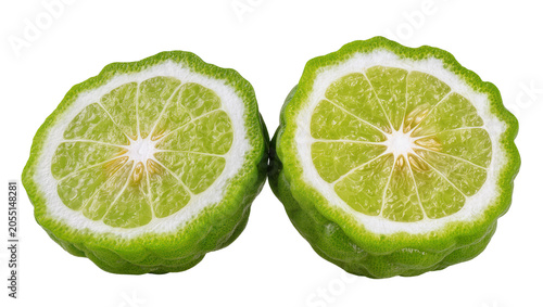 Tableau sur toile Isolated two halves of fresh green bergamot citrus fruit cut lengthwise, vibrant