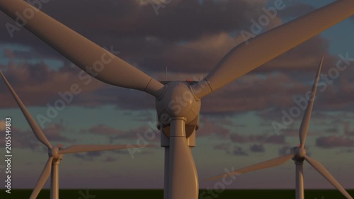 Modern wind farm visualizing the global energy transition and decarbonization goals. Perfect for ESG and climate projects. Loop animation. Part of collection. 3d Animation 4k, Ultra HD 3840x2160