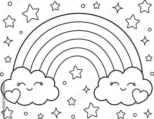 Rainbow with clouds and stars black and white line illustration