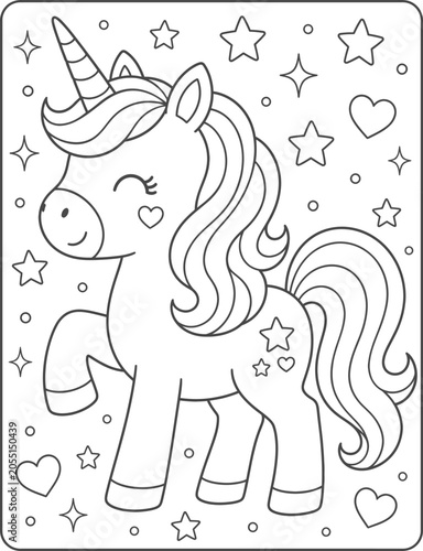 Unicorn Line Art Illustration With Stars And Hearts
