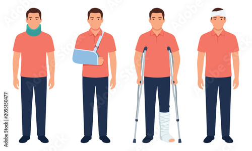 Fotografía Injured men set with bandage neck brace arm sling and crutches