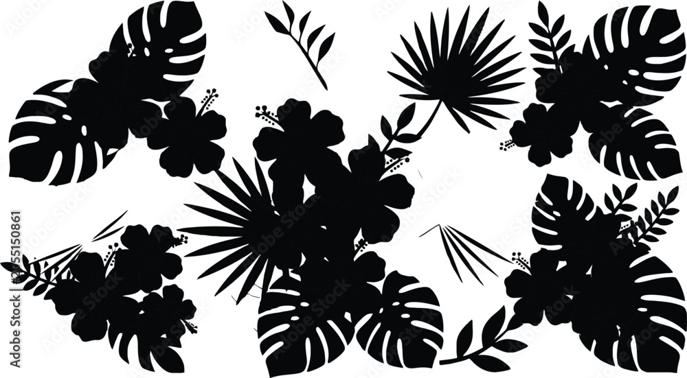 Fototapeta premium Tropical black silhouette leaves and flowers on transparent background.