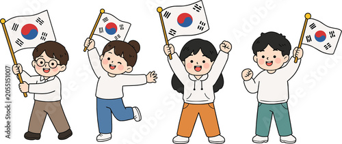 Cute chibi characters in modern clothes waving Korean flags for Gwangbokjeol celebration illustration
