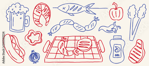 Bild auf Leinwand BBQ barbecue grill party outline doodle vector illustration set, red and blue li