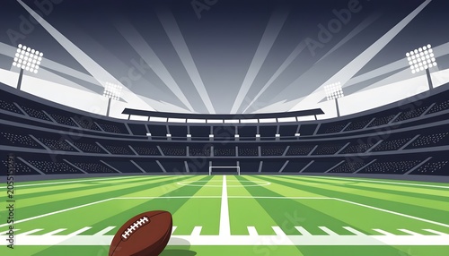 American football stadium with green field.