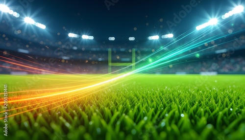 Rugby stadium with colorful light trails.