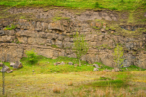 Greenleighton Quarry Wall which nature is taking back. Greenleighton Quarry is a disused Limestone Quarry now a Nature Reserve and is a Protected Area and SSSI in Northumberland, England, near Rothley