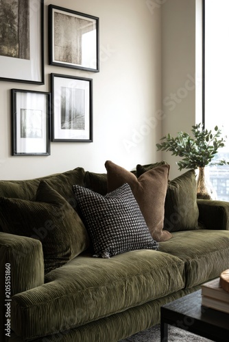A warm and inviting living room features a comfortable green sofa and beautifully framed artwork adorning the walls, creating a serene daytime atmosphere