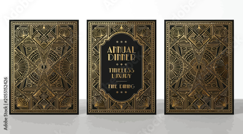 Bild auf Leinwand Art deco style annual dinner invitation set with gold geometric patterns