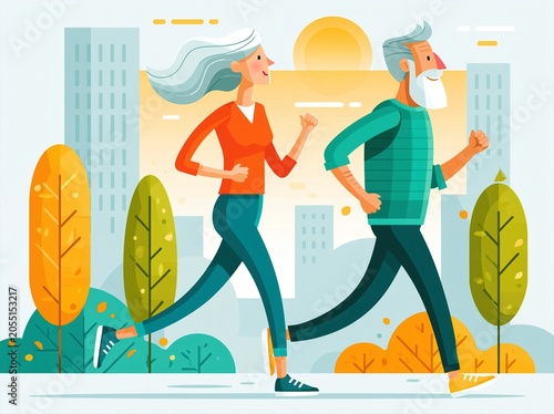 Elderly couple jogging in a city park during sunset with urban buildings in the background and trees lining the path