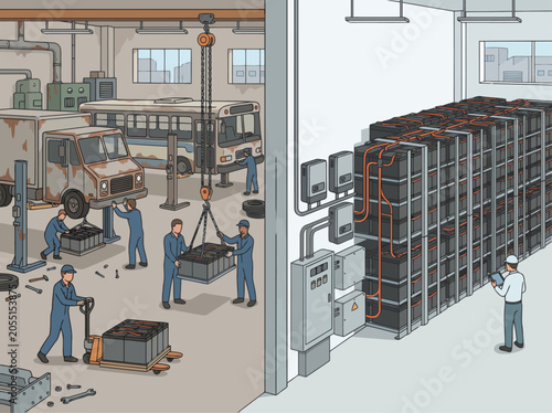 Картината върху платно Industrial scene depicts battery maintenance and mobile energy storage