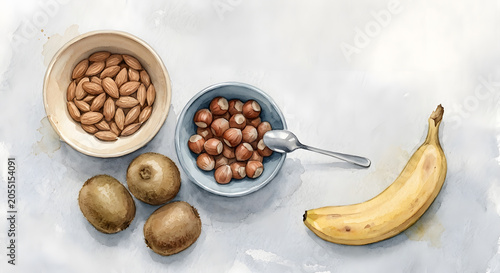 Top down view of healthy snacks including almonds hazelnuts kiwi and banana