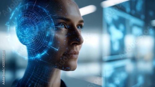 Futuristic woman with digital interface overlay, symbolizing artificial intelligence and advanced technology. Modern innovation and human machine integration are highlighted in this conceptual image