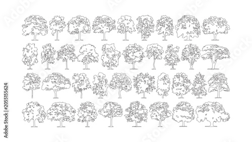 Fotografie Set of thirty six hand drawn tree outlines isolated on transparent background for architect