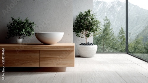 Contemporary interior space features natural wood, minimalist decor, and a dramatic mountainous vista through expansive glass.
