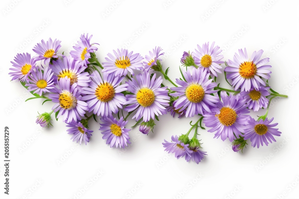 Obraz premium Purple aster flowers with yellow centers arranged on a clean white background, creating a fresh and delicate floral composition.