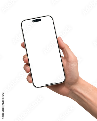 Hand showing modern smartphone mockup with blank screen for copy space, isolated on transparent background. High quality studio shot. Concept for technology, business, finance and advertising.