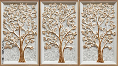 Triple panel decorative artwork depicts stylized relief carvings of deciduous trees with detailed foliage