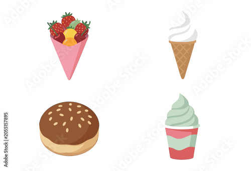 Sweet Dessert Icons Set, Isolated Vector Illustration of Strawberry Cone, Ice Cream Scoop, Donut and Cup Sundae for Food Design