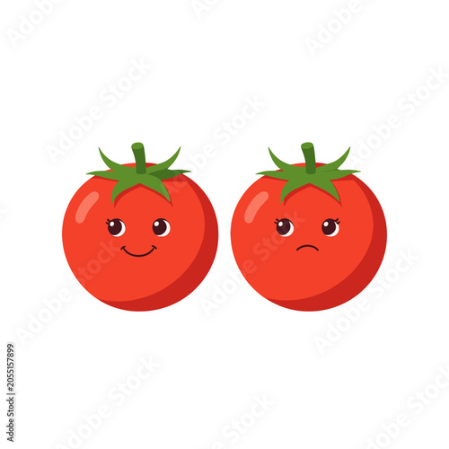 Two Cute Cartoon Tomatoes with Smiling and Frowning Faces, Isolated Vector Illustration for Food or Grocery Design