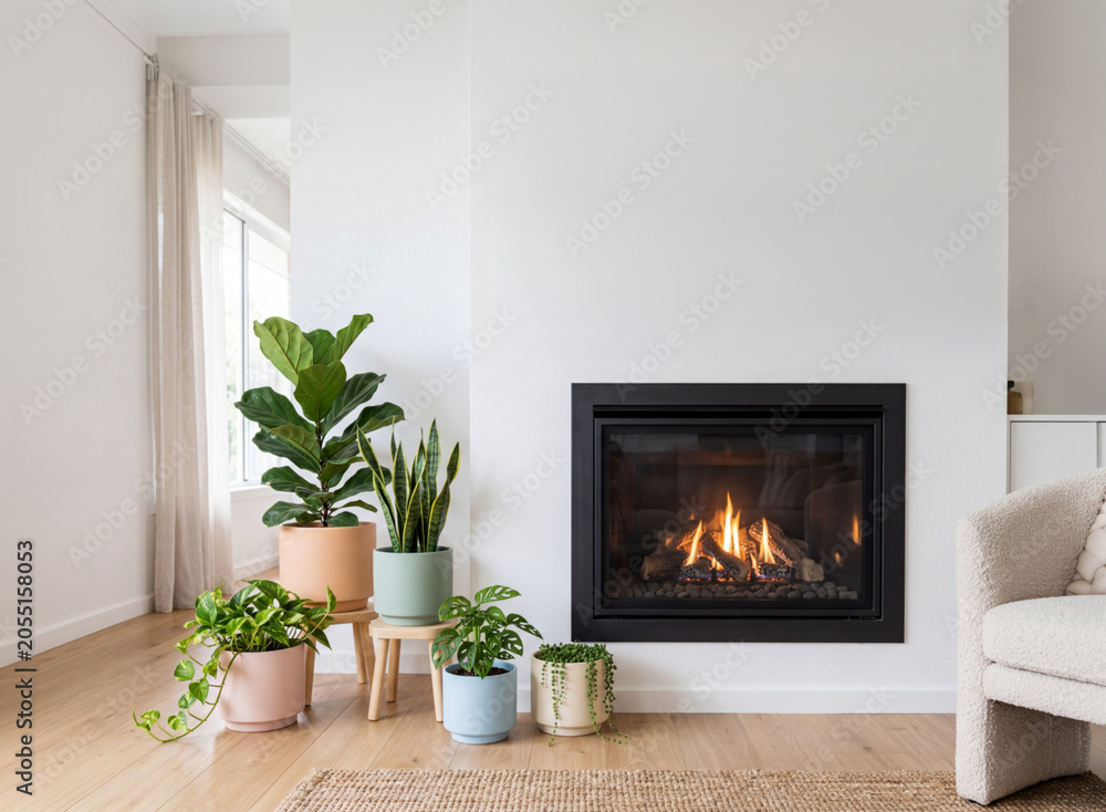 Obraz premium Variety of houseplants arranged next to cosy fireplace in a living room