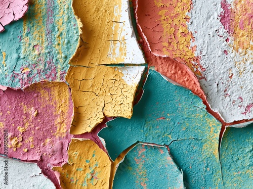 Colors and textures on old wall with peeling paint in various shades at a building site during daylight hours