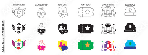 mobile game icon outline, filled and colored filled style, hand drawn vector illustration of a set of tools