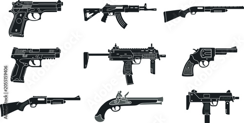 Foto Military and Tactical Gun Vector Icon Set Featuring Pistol Assault Rifle Shotgun