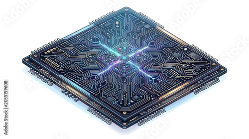 Advanced computer processor with glowing blue energy circuits