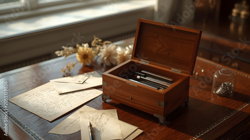 An antique wooden writing box filled with pens sits open on a desk next to scattered letters and dried flowers.
