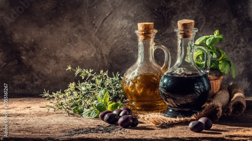 Two glass cruets containing dark liquid and golden oil rest on a rustic wooden surface with fresh herbs and dark fruit.