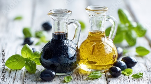 Two glass cruets holding dark vinegar and golden oil sit surrounded by fresh basil leaves and black fruit on weathered wood.