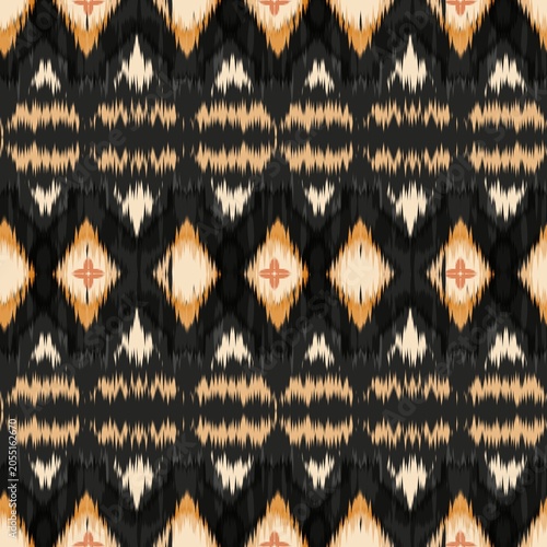 Seamless Oriental Ikat Design with Geometric Ethnic Motifs in Black Tone Colors