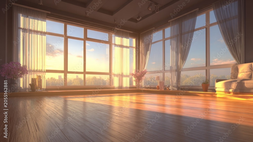 Fototapeta premium Bright interior space bathed in warm sunlight streaming through expansive floor to ceiling windows overlooking a cityscape.