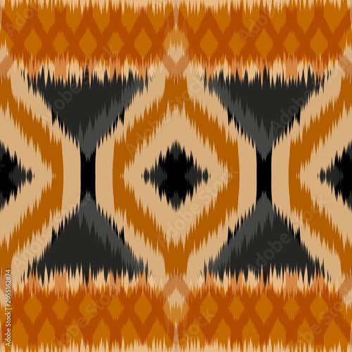 Bohemian Ikat Pattern in Orange, Cream , Black and Beige, Seamless Textile Ornament