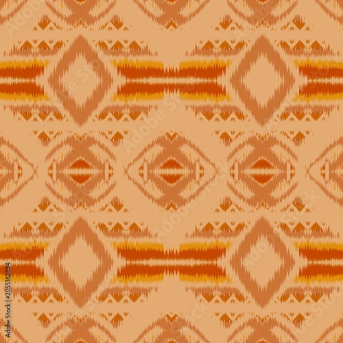 Seamless Geometric Ikat Background in Warm Earth Tones, Traditional Thai Art Textile Pattern