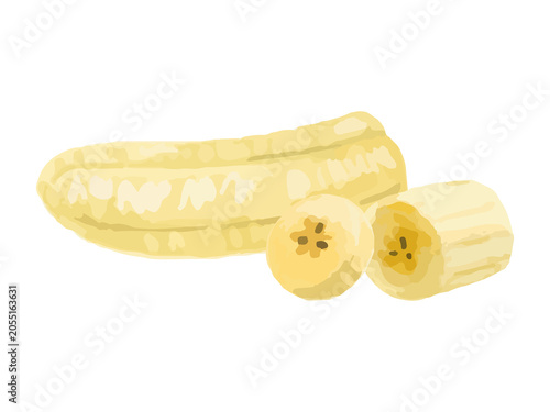 Vászonkép 手描き厚塗りのカットバナナイラスト 皮を剥いた半分とカットした1ピースとスライス ヘルシーな食事を伝える説明図・挿絵