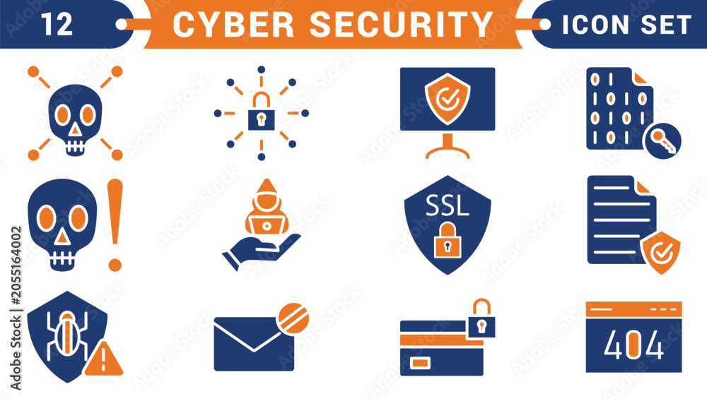 Fototapeta premium Cyber Security editable stroke outline icons set. Data protection, spam, secure, security, antivirus, password, privacy, padlock and hacker. Vector illustration.