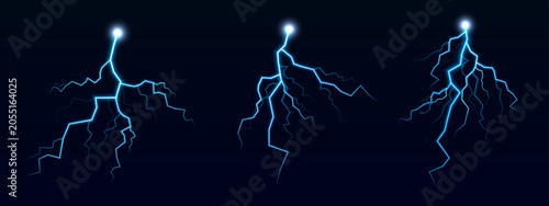Quadro em tela Blue electric lightning strikes with brilliant flashes and radiant plasma arcs through the darkness