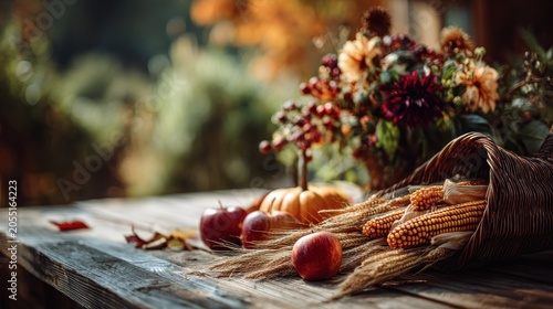Harvest bounty featuring fruits and grains displayed upon weathered wooden surface outdoors