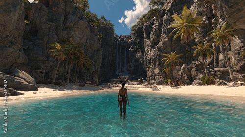 Solitary figure approaches clear turquoise water near a secluded tropical beach flanked by steep rock formations and palm trees.