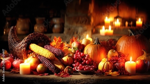 Abundant autumnal harvest arrangement overflows from a woven horn centerpiece illuminated by candlelight.