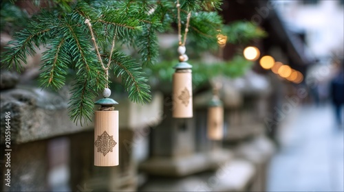 Decorative wooden chimes hang from evergreen tree branches outdoors during daytime